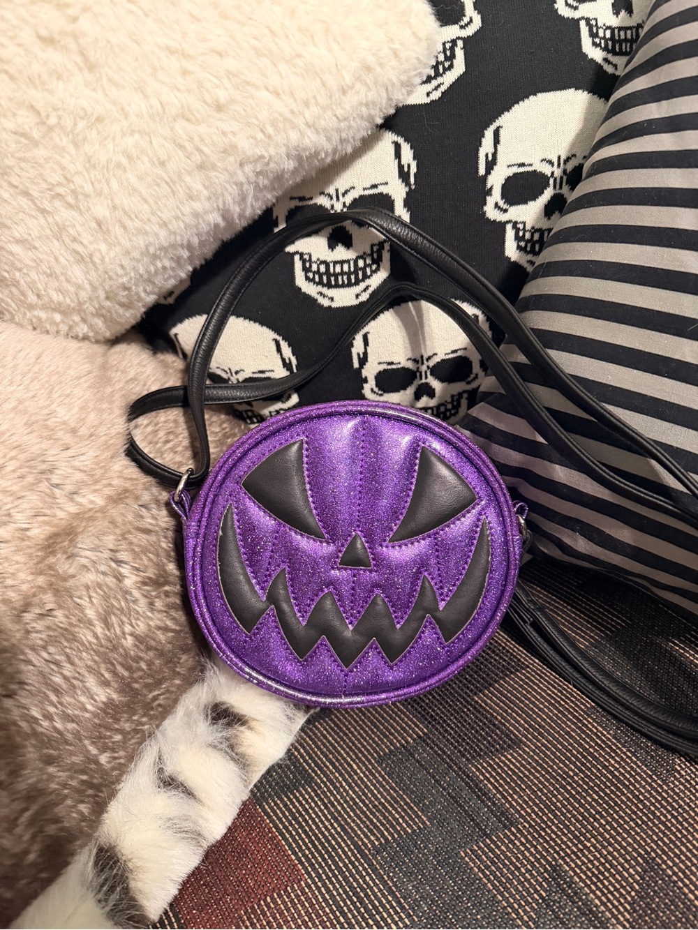 Love Pain and Stitches Mini Purple Pumpkin Crossbody Bag